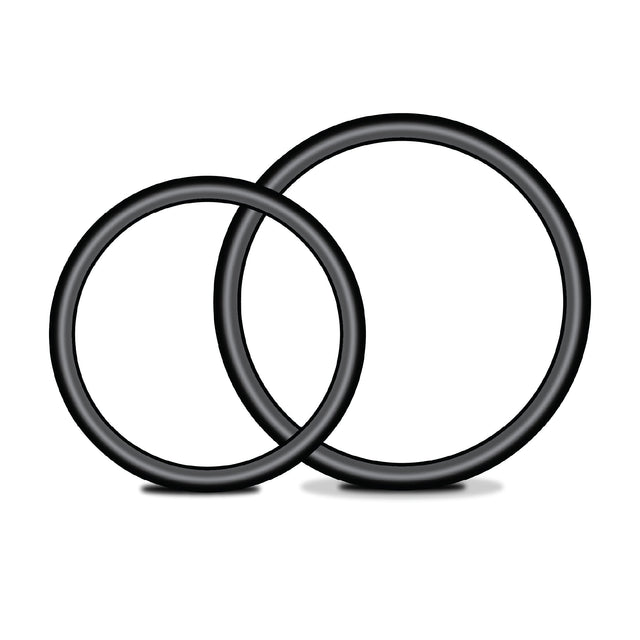 Two black rubber O rings on a white background