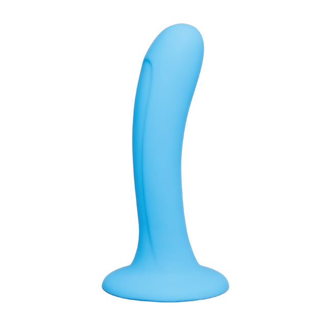 Blue silicone dildo on a white background
