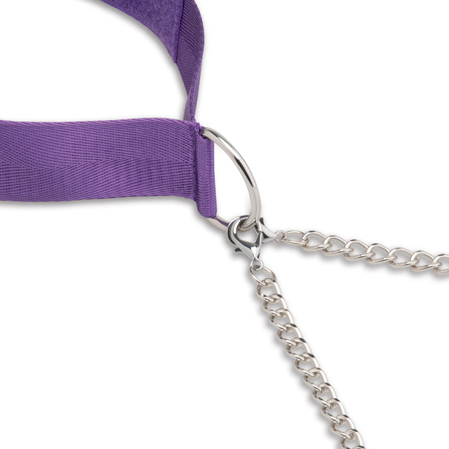 Purple choker with a silver chain attachment on a white background