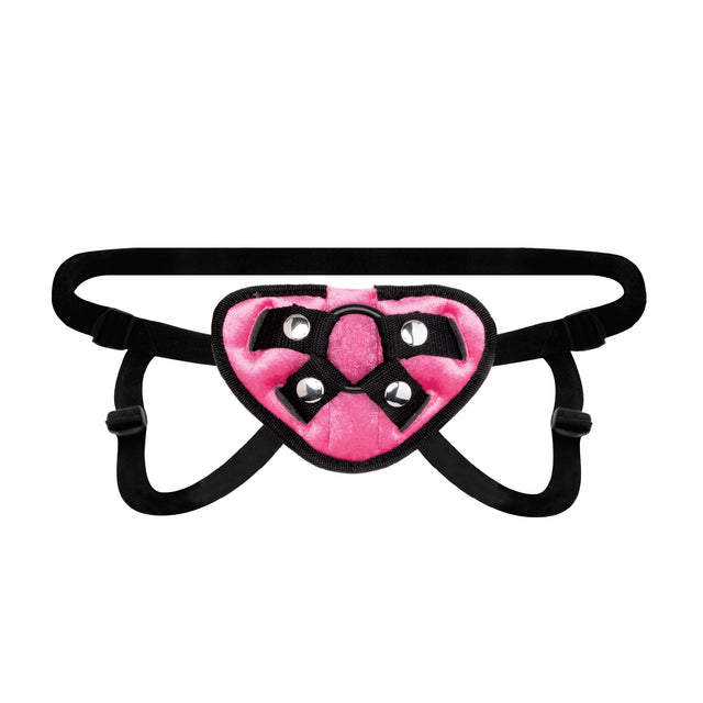 Black strap on with a pink center featuring a black straps  and silver studs on a white background.