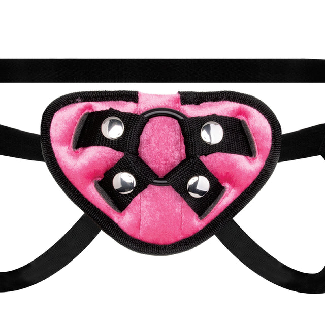 Black strap on with a pink center featuring a black straps  and silver studs on a white background.