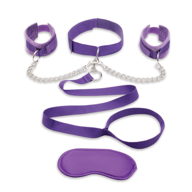 Purple restraint set with chains, cuffs, and satin blindfold on a white background