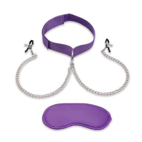 Purple choker with chain and matching satin blindfold on a white background